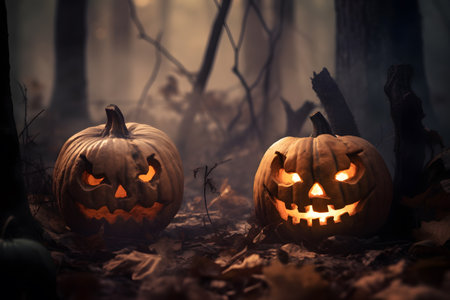 Multiple glowing Halloween pumpkins or jack-o-lantern laid out on ground in dark forest, Generative AIの素材