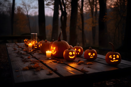 Multiple glowing Halloween pumpkins laid out on wooden table in dark forest, Generative AIの素材
