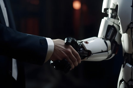 Businessman and robot shaking hands, Generative AIの素材
