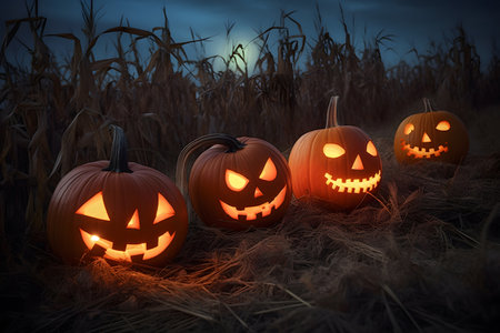Multiple glowing Halloween pumpkins or jack-o-lantern laid out on ground in dark forest and moonlight, Generative AIの素材