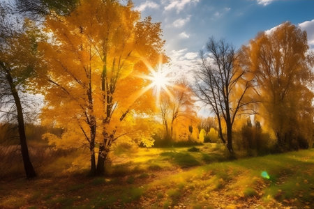 Autumn forest landscape, gold color tree, red orange foliage in fall park. Nature change scene. Yellow wood in scenic scenery.の素材