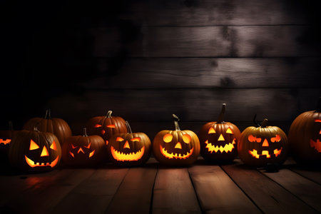 Multiple glowing Halloween pumpkins or jack-o-lantern on wooden table with candles and smoke. Generative AIの素材