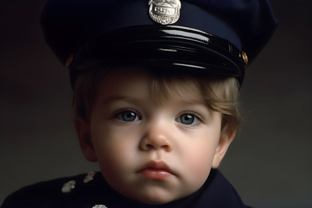 Little child dressed as police officer during playtime, ambition and dream conceptの素材