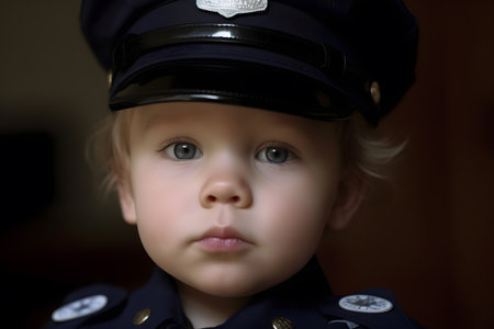 Little child dressed as police officer during playtime, ambition and dream conceptの素材