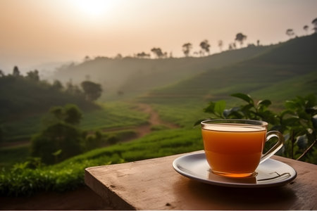 Refreshing cup of morning or afternoon tea placed on outdoors wooden table in front of green tea fieldの素材