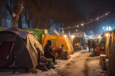 Homeless camp in tents set up on the side of city streets during cold winterの素材