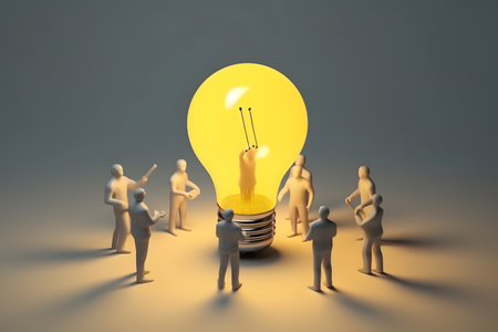 Group of people standing in a circle around lightbulb for brainstorming or ideas generation conceptの素材