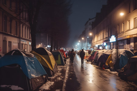 Homeless camp in tents set up on the side of city streets during cold winterの素材