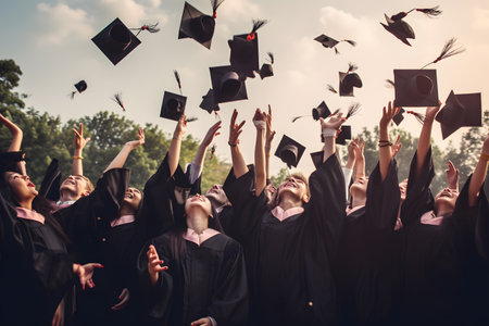 Group of college and high schoolers celebrating their graduation by throwing their caps in the airの素材