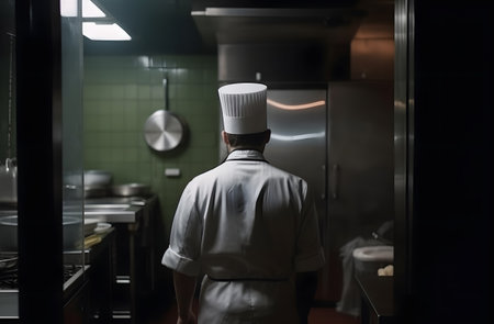 Back profile of professonal chef in uniform working in kitchenの素材
