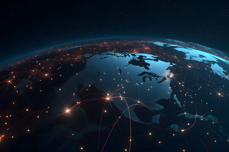 Geometric digital illustration of the earth showcasing social and communication conceptの素材