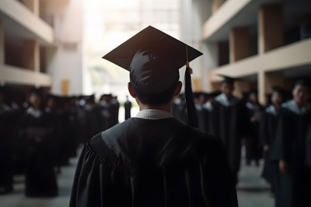 Back profile of a college or high school graduate in cap and gownの素材