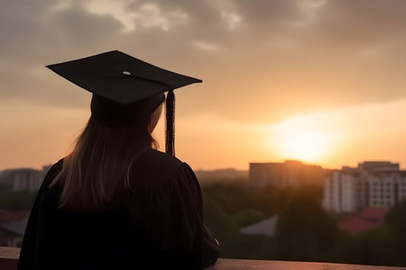 Back profile of a college or high school graduate in cap and gownの素材