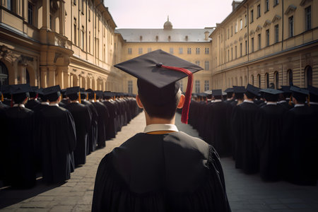Back profile of a college or high school graduate in cap and gownの素材