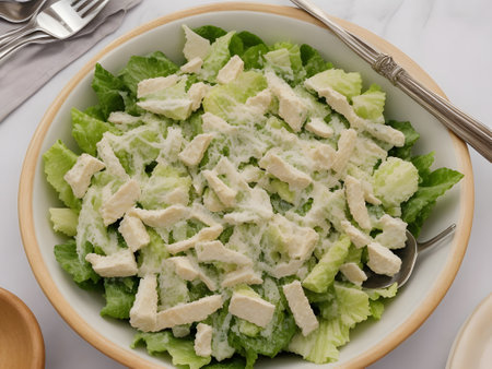 Bowl of caesar salad with mixed with ranch dressingの素材