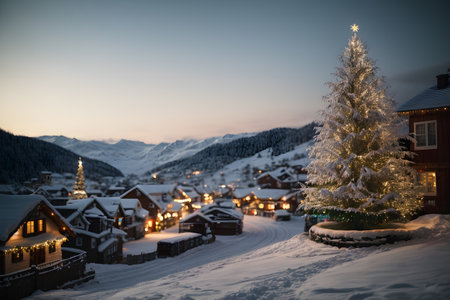 Winter snow landscape and houses with a big beautiful Christmas tree, winter scenery of cold weather and village houses in town or village forest, snowy hills and fields.の素材