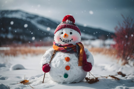 Happy snowman dressed in warm Christmas scarf, hat, and buttons outside during snowy winterの素材