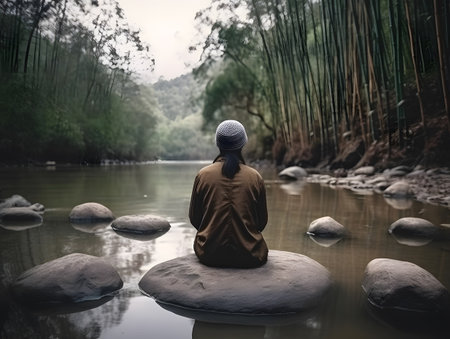 Back portrait of a beautiful woman sitting in meditation pose meditating in bamboo forestの素材