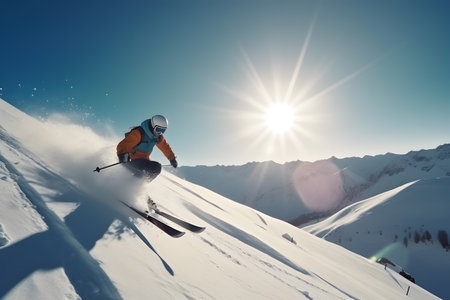 Professional skier athlete skiing at sunset on top of alps ski resort in winter vacation, sport concept with adventure guy on mountain top riding down the slopeの素材