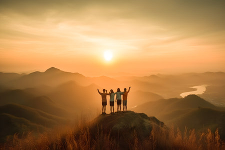 Silhouette of the hiking male and female hikers climbing up mountain. they are successful at top mountain, in winner pose for teamwork concept.の素材
