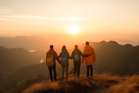 Silhouette of the hiking male and female hikers climbing up mountain. they are successful at top mountain, in winner pose for teamwork concept.の素材