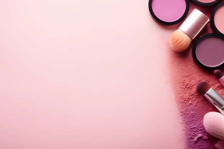 Set of professional makeup artist blush kit for beauty and cosmetics arranged on pink backgroundの素材
