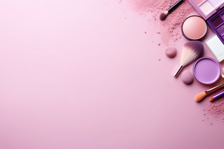 Set of professional makeup artist blush kit for beauty and cosmetics arranged on pink backgroundの素材