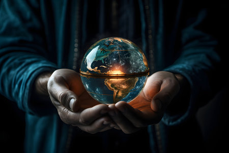 Environment and ecology related concept through pair of hands holding the earth or globe in palmsの素材