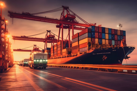 Transportation industry concept and global business logistics import export and container cargo freight ship during loading at industrial port by crane, container handlers, truck on highwayの素材