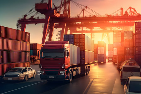 Transportation industry concept and global business logistics import export and container cargo freight ship during loading at industrial port by crane, container handlers, truck on highwayの素材