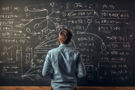 Back view of male teacher or university professor writing advanced mathematics calculations with white chalk on blackboard during classの素材