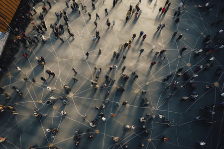 Top view of crowd people pedestrian walking on city street walkway connected by lines and dots for social media, networking and communication concept.の素材