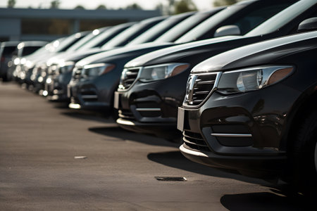Automotive industry with rows of a new cars parked in a dealership distribution lot on a sunny day, car inventory for salesの素材