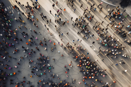 Top view of crowd people pedestrian walking on city street walkway connected by lines and dots for social media, networking and communication concept.の素材