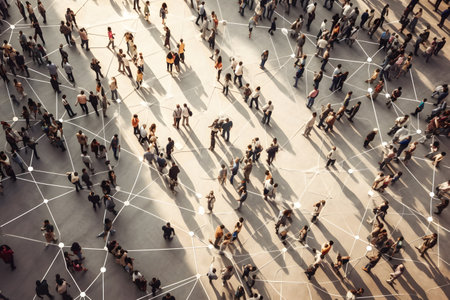 Top view of crowd people pedestrian walking on city street walkway connected by lines and dots for social media, networking and communication concept.の素材