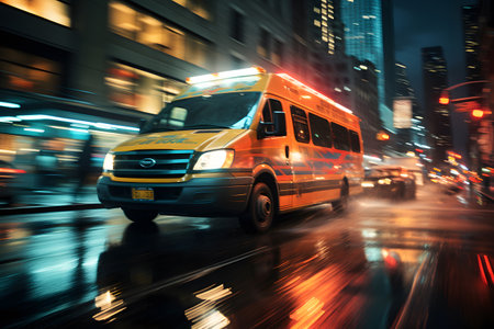 Ambulance van in high speed motion driving down city road, special paramedic car in emergency riding through street on high speed.の素材