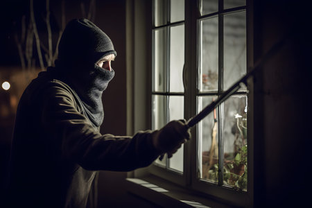 Masked burglar dressed in black with weapon breaking into house during nighttimeの素材