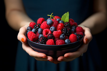 Female hands holding large bowl of berries of different variety like strawberries, blueberries, blackberries, and raspberriesの素材