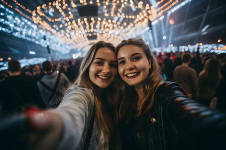 Two best friends blonde women in casual dress taking selfie at new year countdown party, celebrating new year, having fun, enjoying holidaysの素材