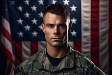 Portrait of a military man in 20-30 years old wearing army uniform against the background of the American flag, serious face.の素材