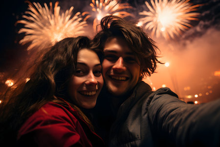 Lovely young couples in casual dress taking selfie at new year countdown party, celebrating new year, having fun, enjoying holidaysの素材