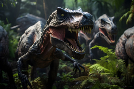 Tyrannosaurus rex dinosaur from the Cretaceous era in aggressive attacking actionの素材