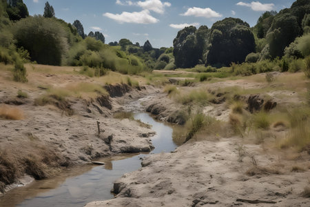 Nature landscape of cracked ground and dying trees in field due to drought, global warming issueの素材