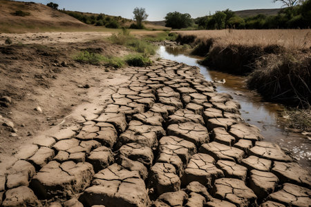 Nature landscape of cracked ground and dying trees in field due to drought, global warming issueの素材