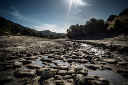 Nature landscape of cracked ground and dying trees in field due to drought, global warming issueの素材