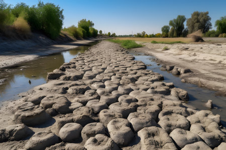 Nature landscape of cracked ground and dying trees in field due to drought, global warming issueの素材
