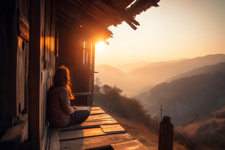 Young woman sitting on chair at a little cafe on top of mountain, look at sunrise or sunset with golden color sunlight, relaxing, meditating and enjoying.の素材