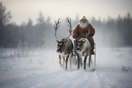 Santa Claus rides in a reindeer sleigh in a snowy dayの素材