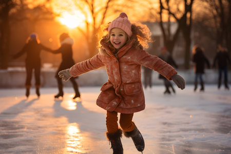 Little girls enjoy skating on a city outdoor ice rink on a winter day, happy and smiling.の素材