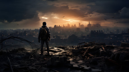 Back view portrait of a soldier standing in a ruined building after the war feeling lost, fear and lonelinessの素材